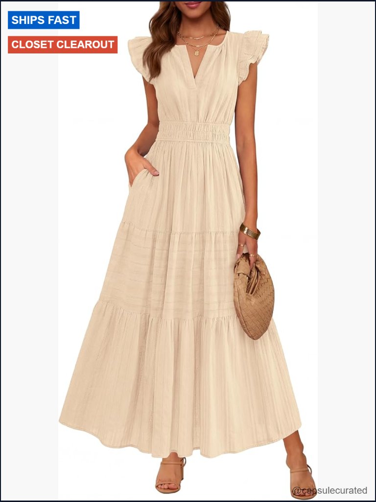 Womens Boho Maxi Dress Ruffle Flutter Sleeve Tiered Flowy Pockets